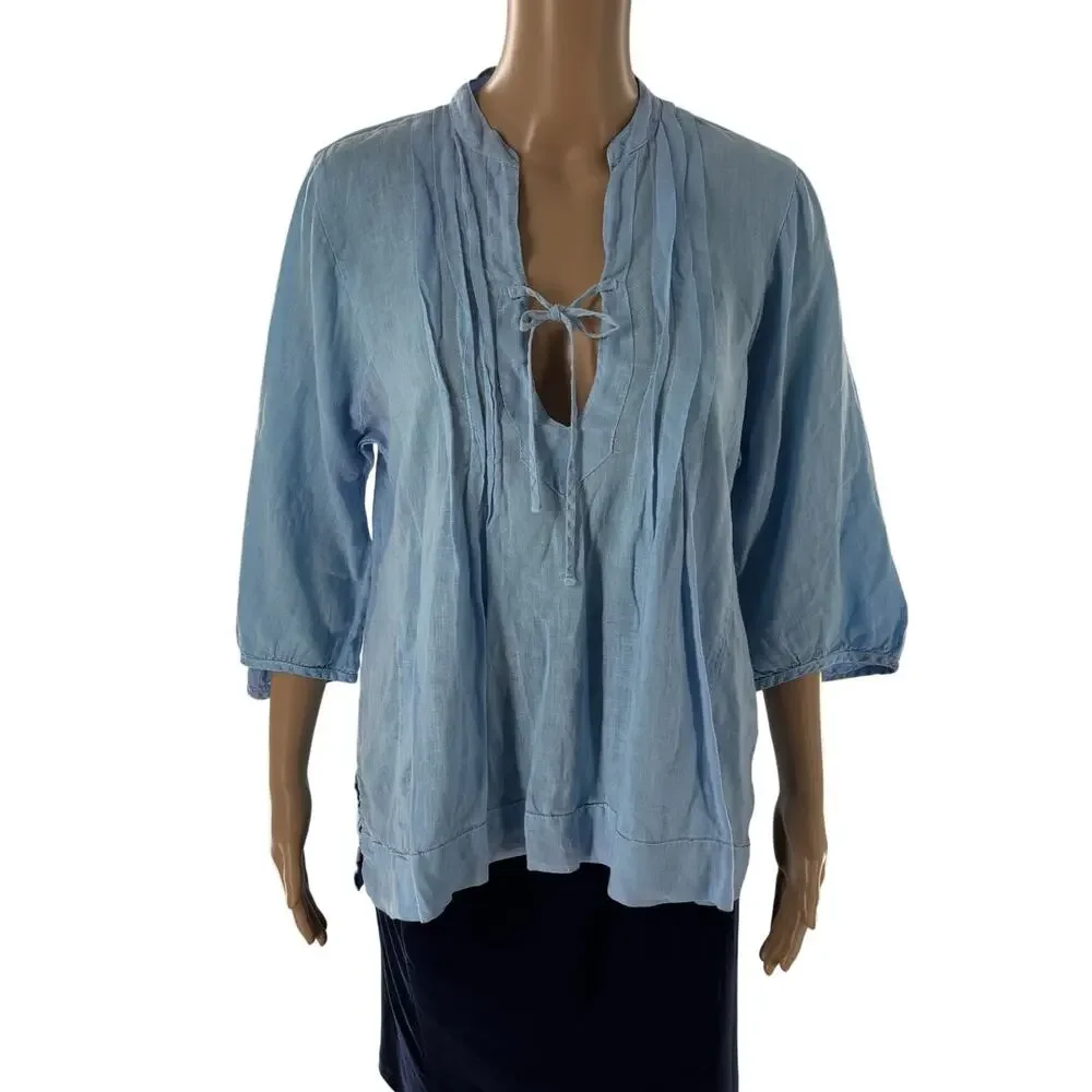 CP Shades Blue Linen V Neck Tie Front Pintuck Half Sleeve Blouse